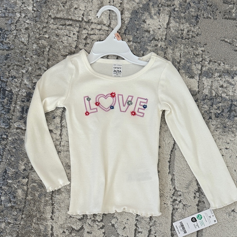 NWT Carter’s 2T Girls' Ribbed White Long Sleeve Shirt with Love Embroidery